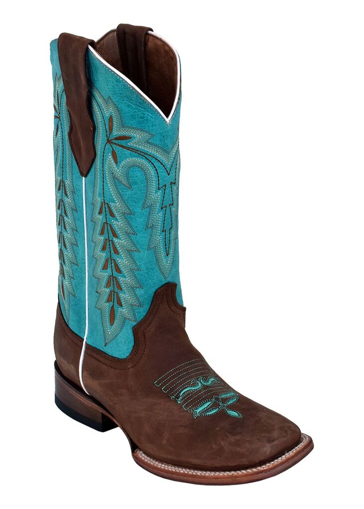 LADIES COWHIDE CHOCOLATE/TURQUOISE S-TOE